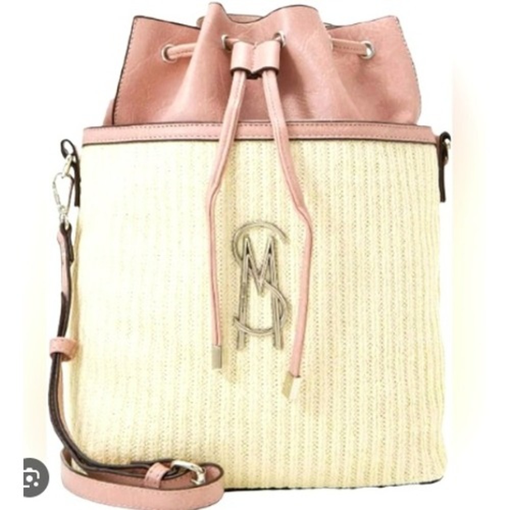 Steve Madden Bmayor Straw Bucket Bag Mauve Pink Woven Crossbody Bucket Strap YSL